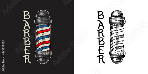 Poles with Stripes Barber shop badge and label, logo and hipster emblems. Haircut of beard and mustache. Tools for man icon. Engraved hand drawn in old vintage sketch.