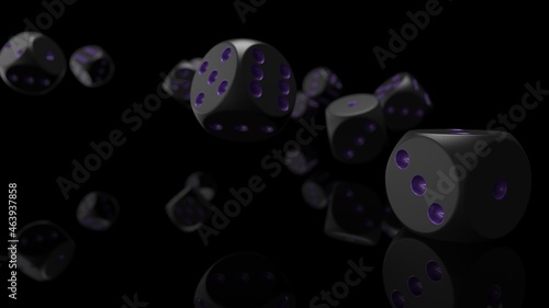 Rolling black-purple dices under black-white flash background. 3D CG. 3D illustration. 3D high quality rendering.