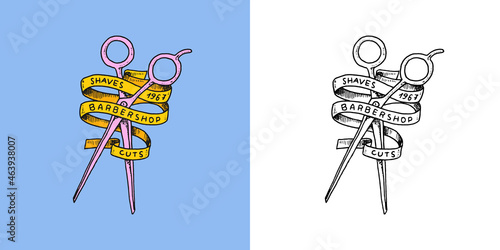 Scissors and ribbon. Barber shop badge and label, logo and hipster emblems. Haircut of beard and mustache. Shears or snip. Tools for man icon. Engraved hand drawn in old vintage sketch.