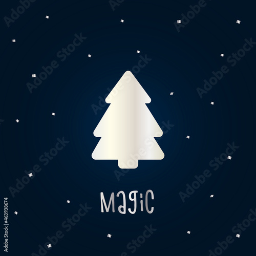 Silver silhouette of a Christmas tree with snow on a dark blue background. Merry Christmas and Happy New Year 2022. Vector illustration. Magic.
