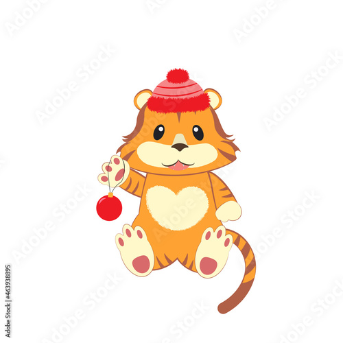 Cute cartoon tiger in flat style. Vector illustration of a tiger. New Year vector illustration isolated on white background. Tiger with a Christmas tree toy in his hands. 