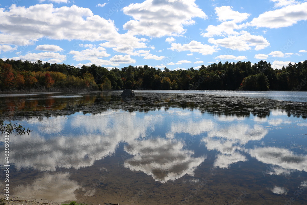 freshwater pond blue sky clouds reflection