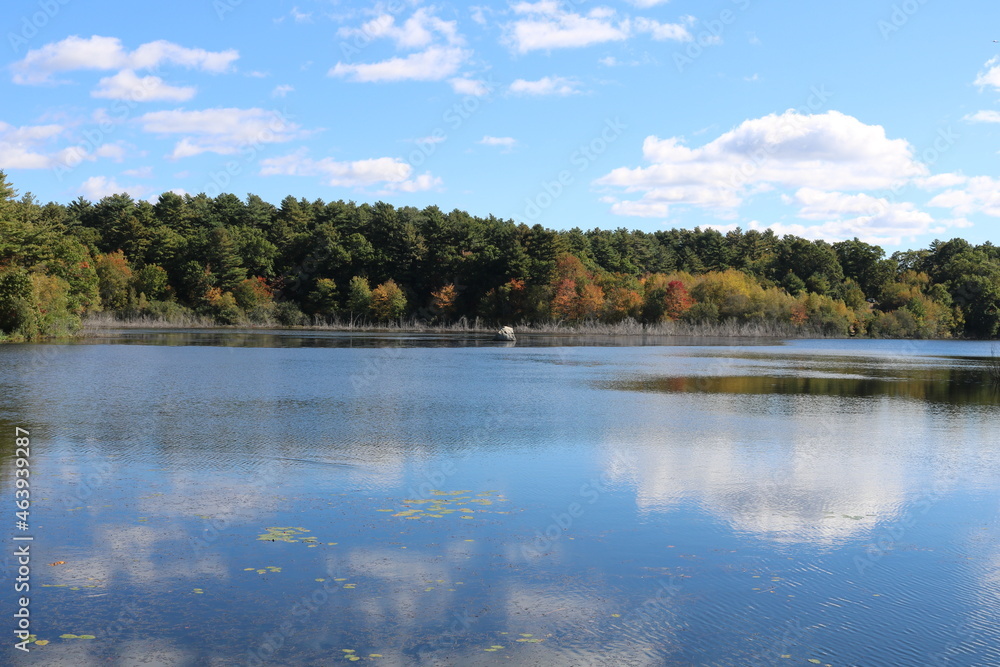 freshwater pond blue sky clouds reflection