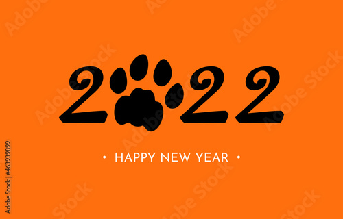 New Year banner with the inscription 2022. Flyers with numbers. Black inscription tiger paw, silhouette. Web banner for Christmas. The inscription on a bright orange background.