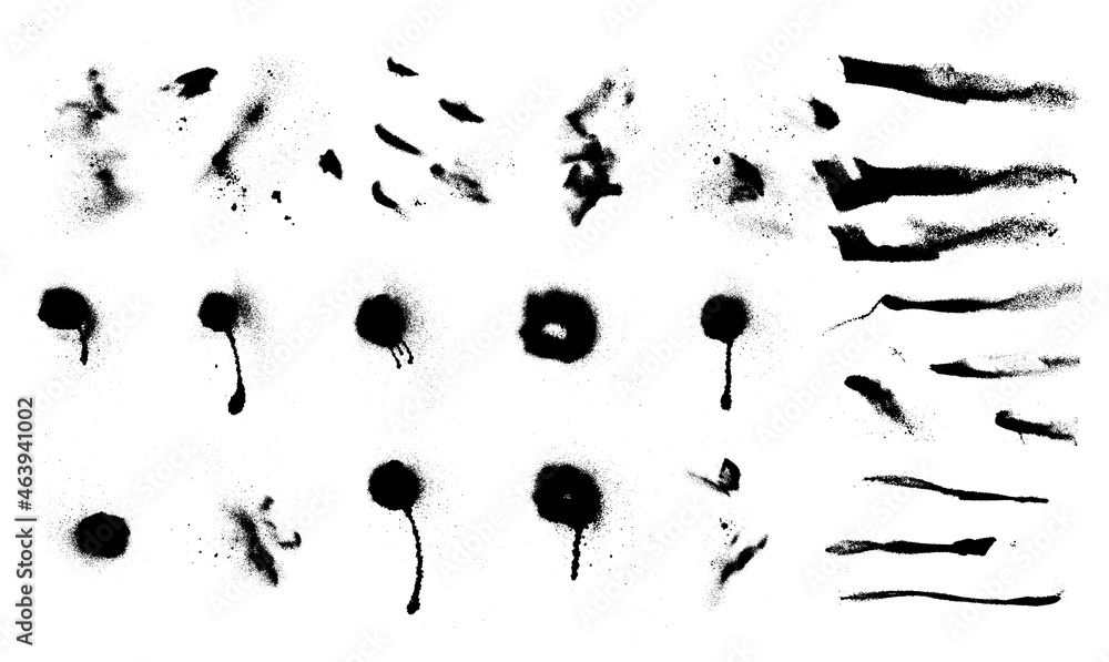 Graffiti stencil texture. Grunge and paint texture with spray effect. Isolated collection graffiti spray and  black splashes on white background. Vector paint shapes with smudges and drops. Vector - obrazy, fototapety, plakaty 