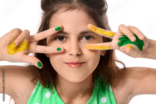 Funny little girl with hand...