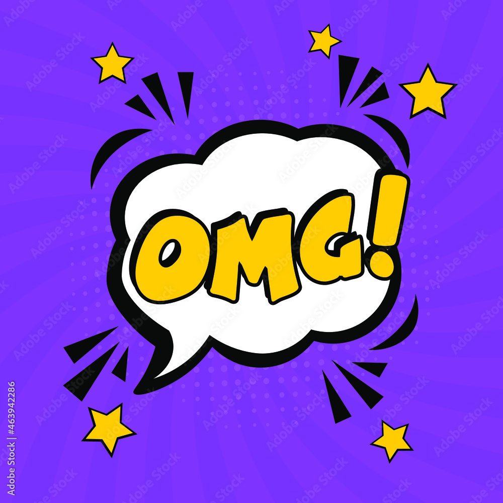OMG comic style message in red speech bubble. Colored pop art style sound effect. Halftone vector illustration banner. Vintage comics book poster. Colored funny cloud font OMG comic style message in red speech bubble. Colored pop art style sound effect. Halftone vector illustration banner. Vintage comics book poster. Colored funny cloud font