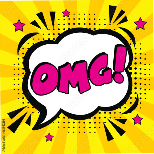 OMG comic style message in red speech bubble.  Colored pop art style sound effect. Halftone vector illustration banner. Vintage comics book poster. Colored funny cloud font