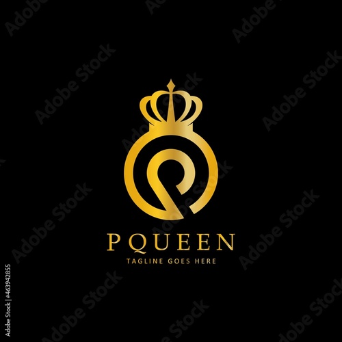 Golden P letter queen logo vector icon on black background illustration