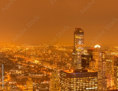 Night view of New York Manhattan during sunset