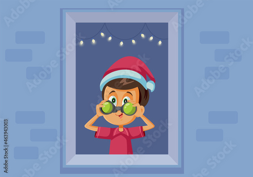 Little Boy Holding Binoculars Waiting for Santa Vector Cartoon