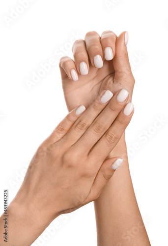 Young woman with trendy manicure on white background, closeup