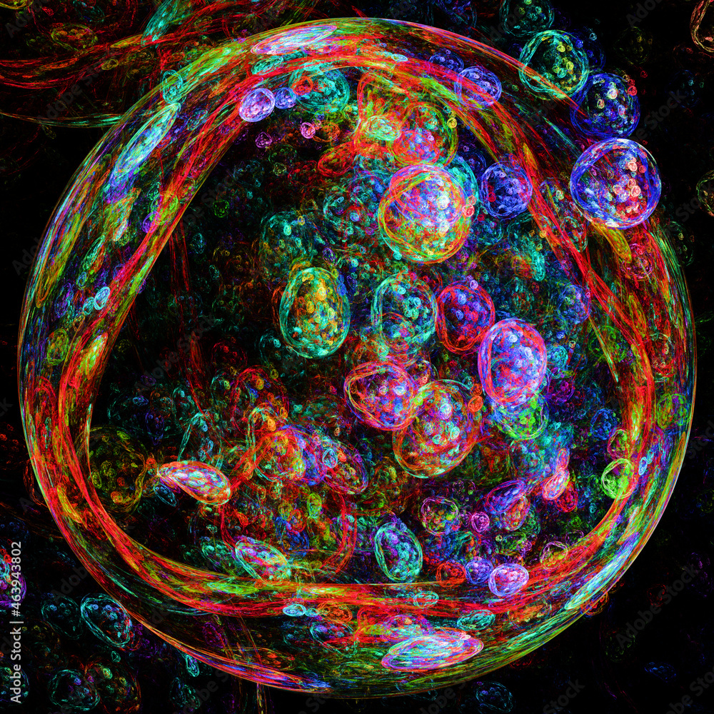 Imagen de arte digital fractal que consiste en una gran esfera que simula una célula fluorescente que crea clones de sí misma. Imagen de arte digital fractal que consiste en una gran esfera que simula una célula fluorescente que crea clones de sí misma.