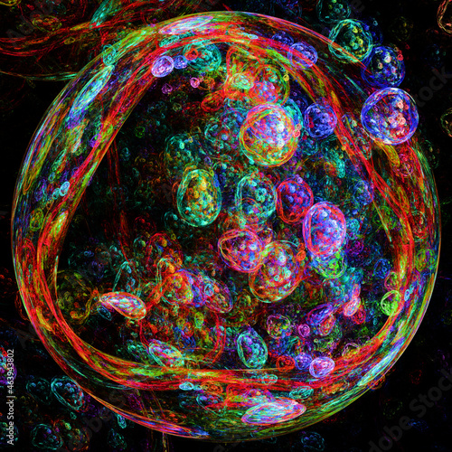 Imagen de arte digital fractal que consiste en una gran esfera que simula una célula fluorescente que crea clones de sí misma.