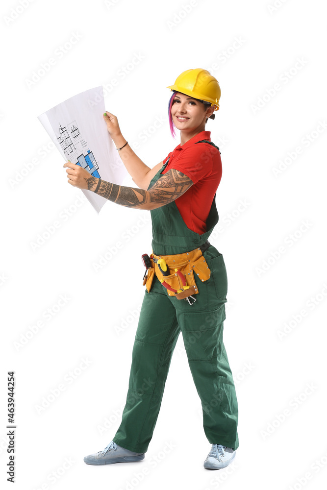 Female electrician with house plan on white background Female electrician with house plan on white background