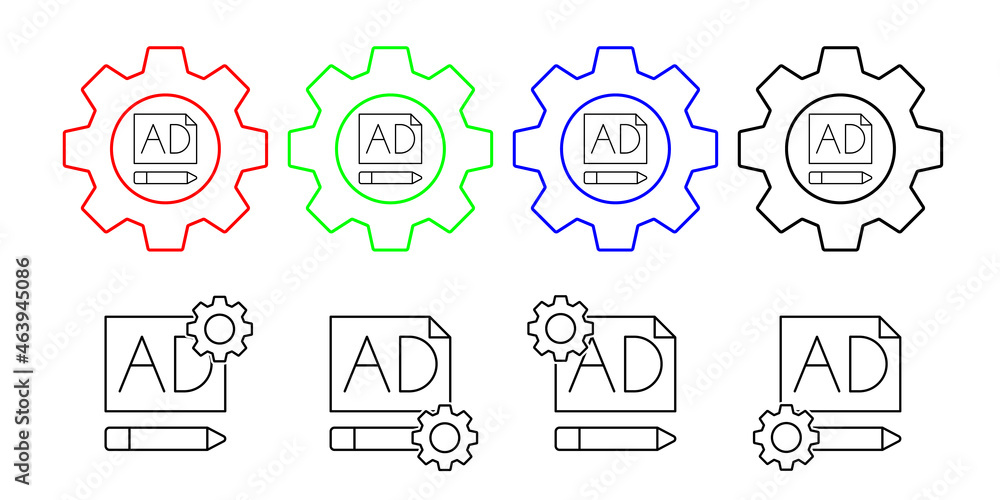 Advertisement, pen, seo vector icon in gear set illustration for ui and ux, website or mobile application Advertisement, pen, seo vector icon in gear set illustration for ui and ux, website or mobile application