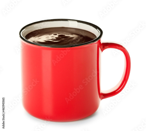 Cup of tasty hot chocolate on white background photo