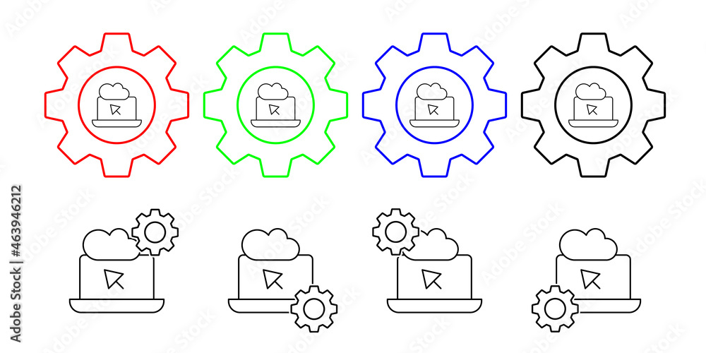 Laptop, cloud, click, seo vector icon in gear set illustration for ui and ux, website or mobile application Laptop, cloud, click, seo vector icon in gear set illustration for ui and ux, website or mobile application