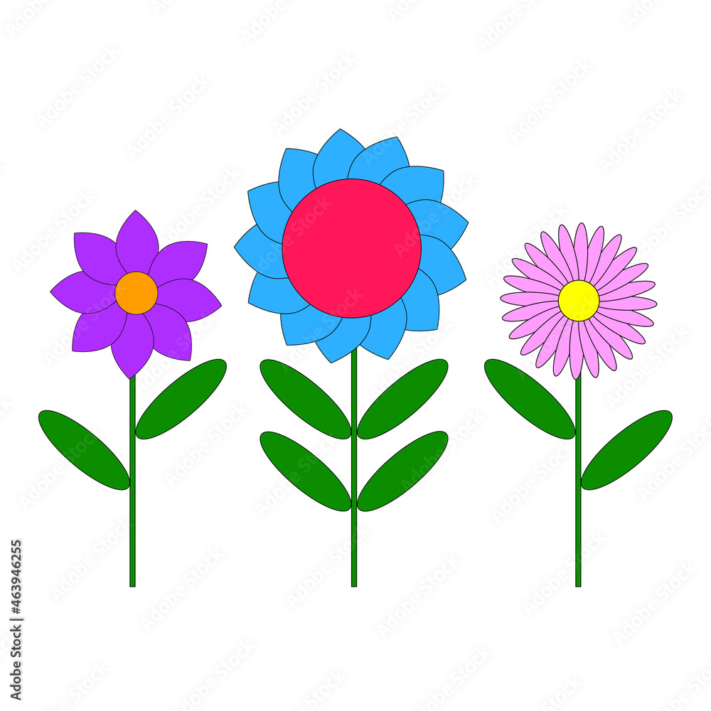 Colorful flat flowers. Purple, blue and pink element. Summer icon. Birthday card. Vector illustration. Stock image. Colorful flat flowers. Purple, blue and pink element. Summer icon. Birthday card. Vector illustration. Stock image.