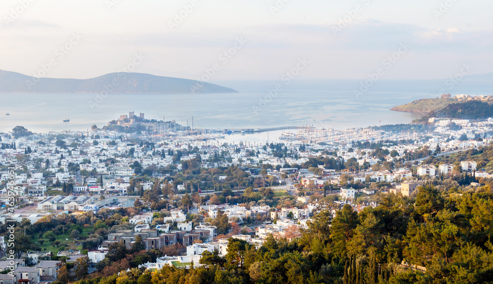 Obraz premium Wide angle photo of bodrum city center at sunrise in Bodrum, Mugla, Turkey. Tourism and leisure concept.