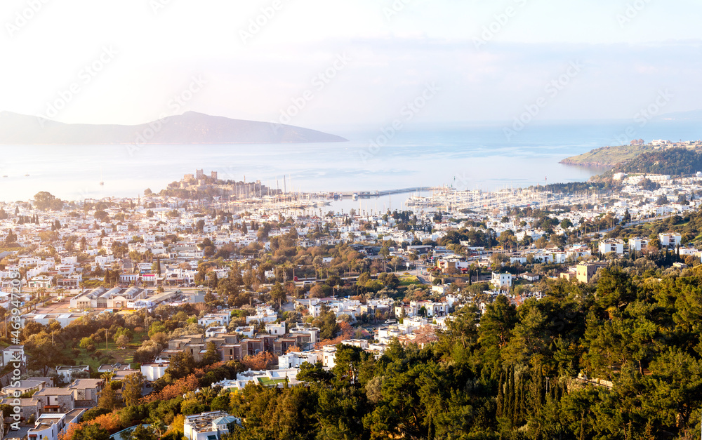 Wide angle photo of bodrum city center at sunrise in Bodrum, Mugla, Turkey. Tourism and leisure concept.