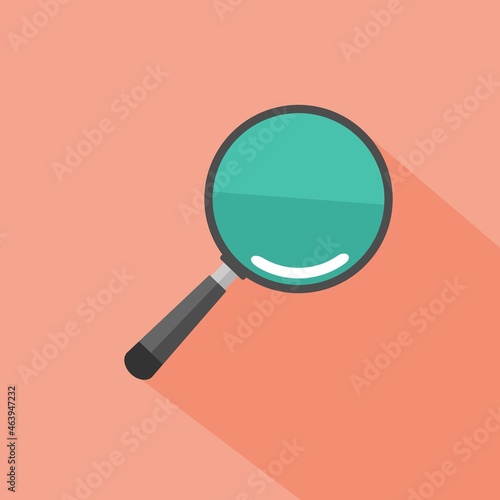 Magnifier round icon with long shadow. Flat design style. Magnifying glass simple silhouette. Modern circle icon in stylish colors.