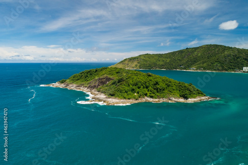 Aerial view landscape of small island in tropical sea against blue sky background Amazing small island at Phuket Thailand