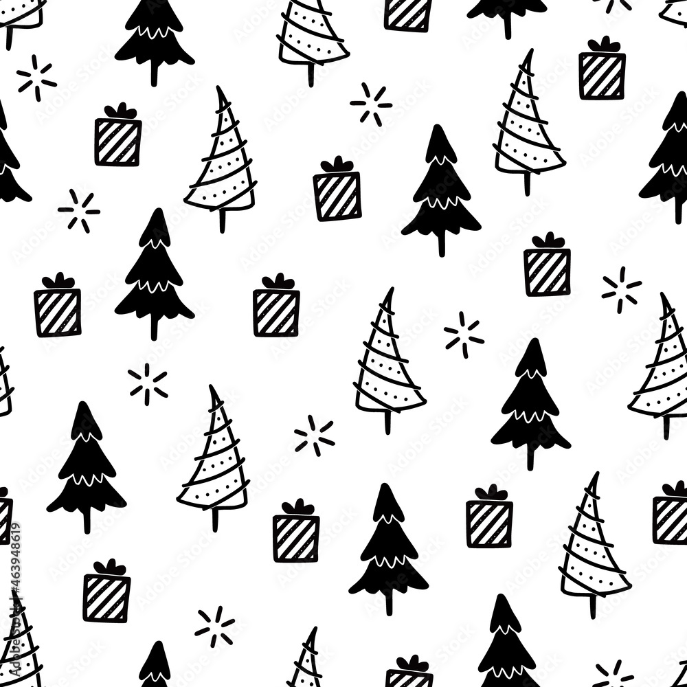 Obraz premium Christmas tree seamless pattern. Hand drawn doodle style winter christmas pattern. Vector illustration.