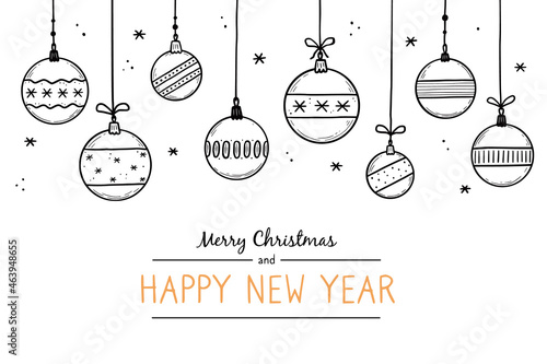 Doodle christmas ball element set. Hand drawn sketch style ball. Cute christmas bauble for border, background design with text place. Isolated vector illustration.