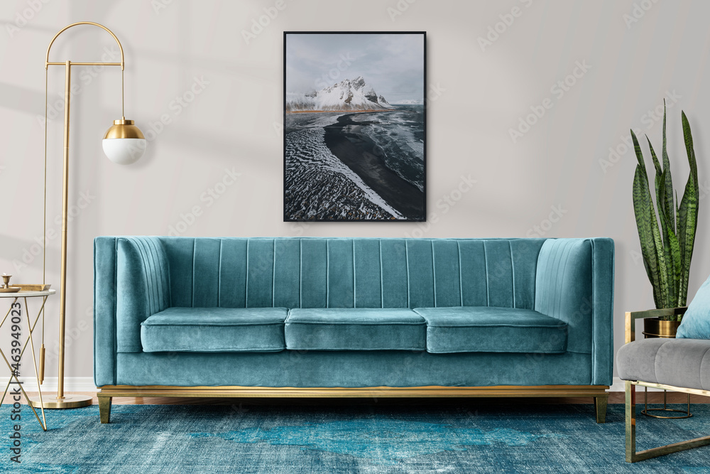 Chic modern luxury aesthetics style living room in blue tone - obrazy, fototapety, plakaty 