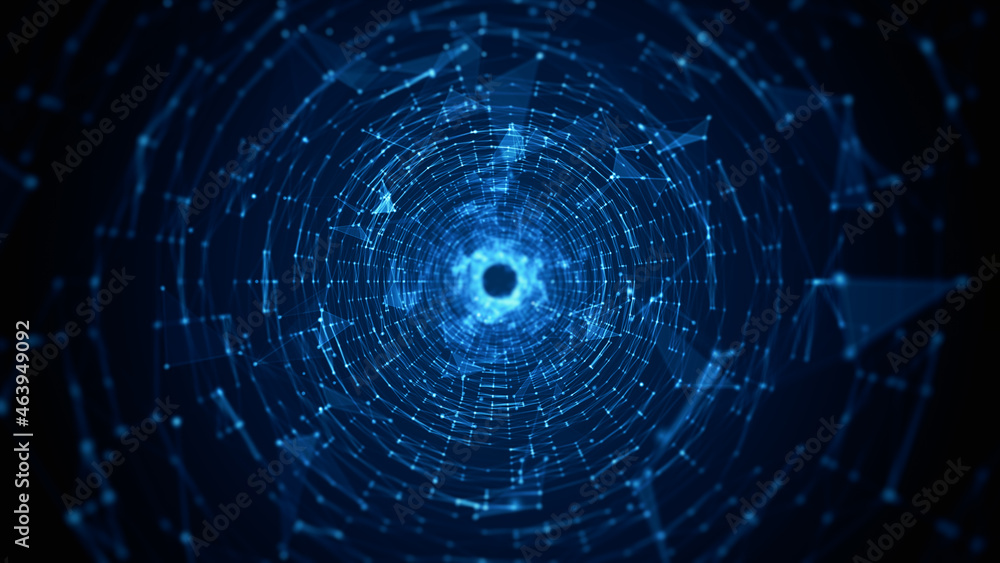 Naklejka premium Tunnel Sci-Fi Digital Cyberspace, Digital Data Network and Blockchain Connections. Technology Digital Data Background Concept. 3d rendering