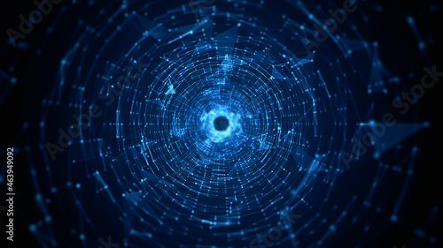 Fototapeta Naklejka Na Ścianę i Meble -  Tunnel Sci-Fi Digital Cyberspace, Digital Data Network and Blockchain Connections. Technology Digital Data Background Concept. 3d rendering