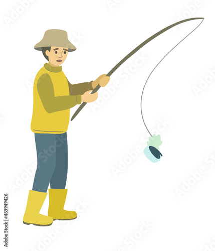 The fisherman hooked a tin can instead of fish. Cartoon concept illustration about ecology and pollution of water bodies by human waste products