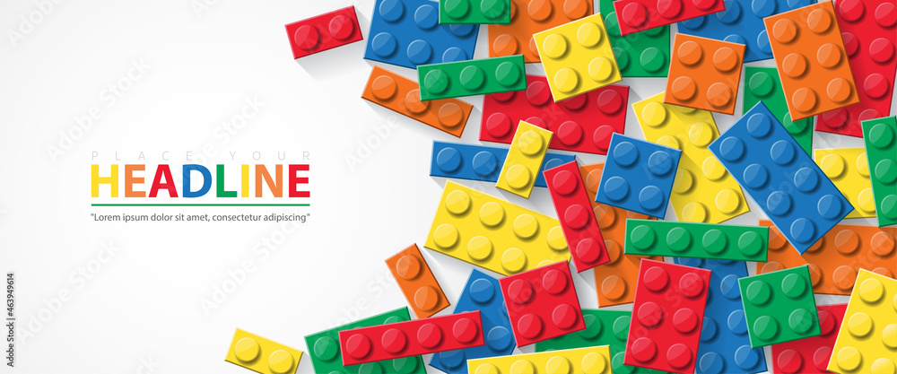 Lego building block toys template design on white background for sales  promotion. Banner vector toy with colorful block bricks toy for flyer,  online shopping, poster, web, ads, and social media. vector de