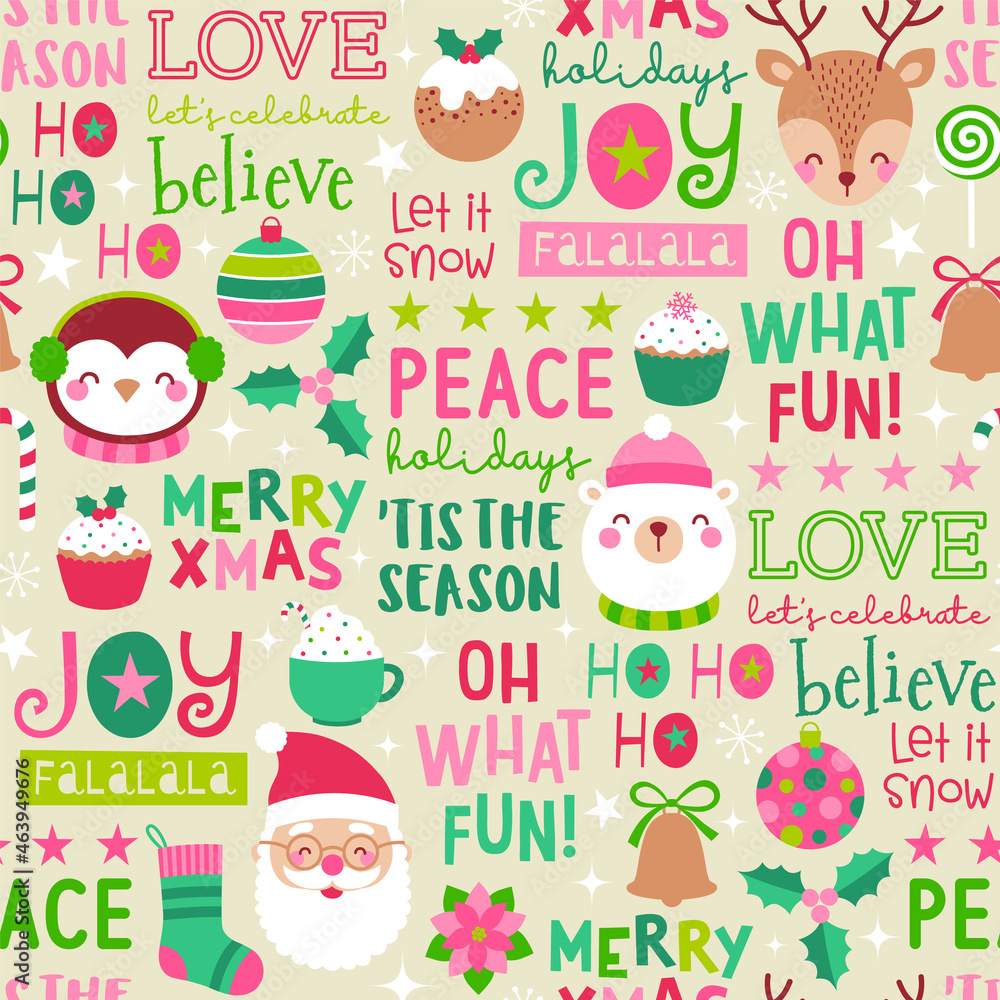 Fototapeta premium Cute cartoon character, christmas elements and typography design seamless pattern.