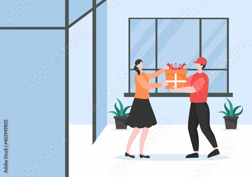 Gift Online Delivery by Courier and Customer Door to Door use Car Transportation in Flat Style Background Vector Illustration