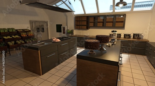 Kitchen room interior 3d illustration