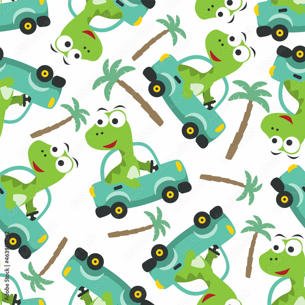 Obraz premium Seamless pattern of cute dinosaur driving a car go to forest funny animal cartoon. Can be used for t-shirt print, kids wear fashion design, print for t-shirts, baby clothes and other decoration