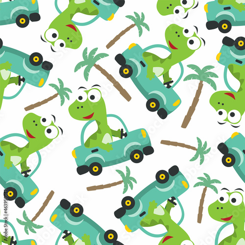 Seamless pattern of cute dinosaur driving a car go to forest funny animal cartoon. Can be used for t-shirt print  kids wear fashion design  print for t-shirts  baby clothes and other decoration
