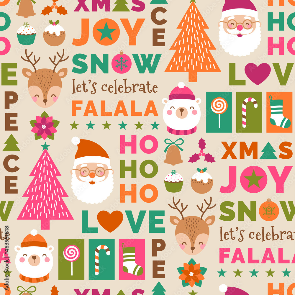 Fototapeta premium Cute cartoon character and decorative elements for christmas celebration background. 