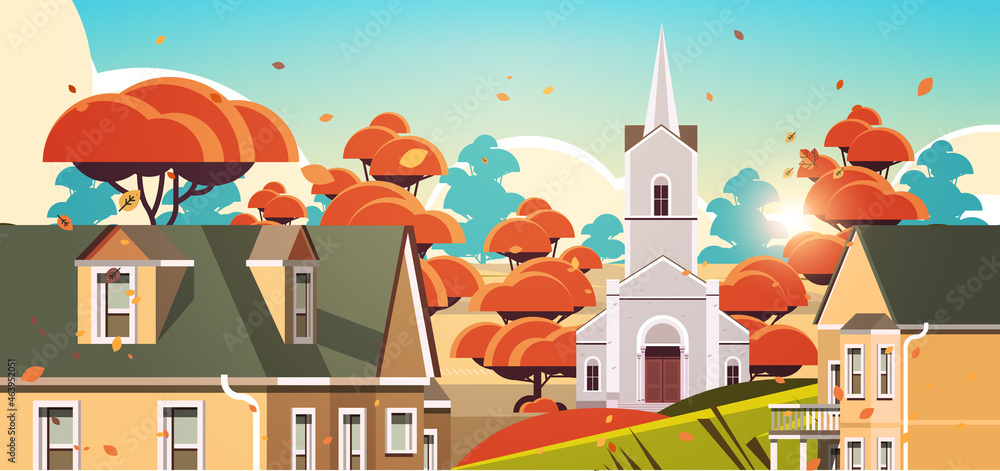 contemporary facade of church and houses buildings architecture autumn landscape background
