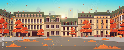 autumn city street with modern houses exterior urban buildings facade horizontal