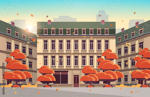 autumn city street with modern houses exterior urban buildings facade horizontal