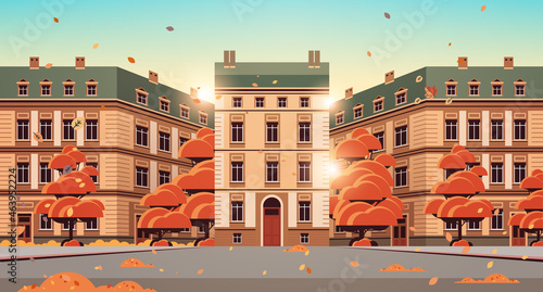 autumn city street with modern houses exterior urban buildings facade cityscape background