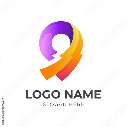 Free Download pin thunder logo, pin and thunder, combination logo with 3d purple and orange color style - GFXLoad