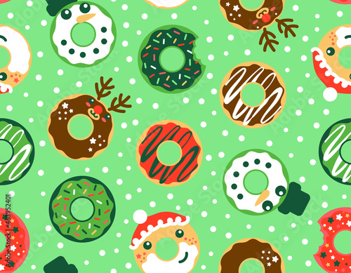 Christmas donuts repeat textile print with, Santa, snowman and reindeer character design.