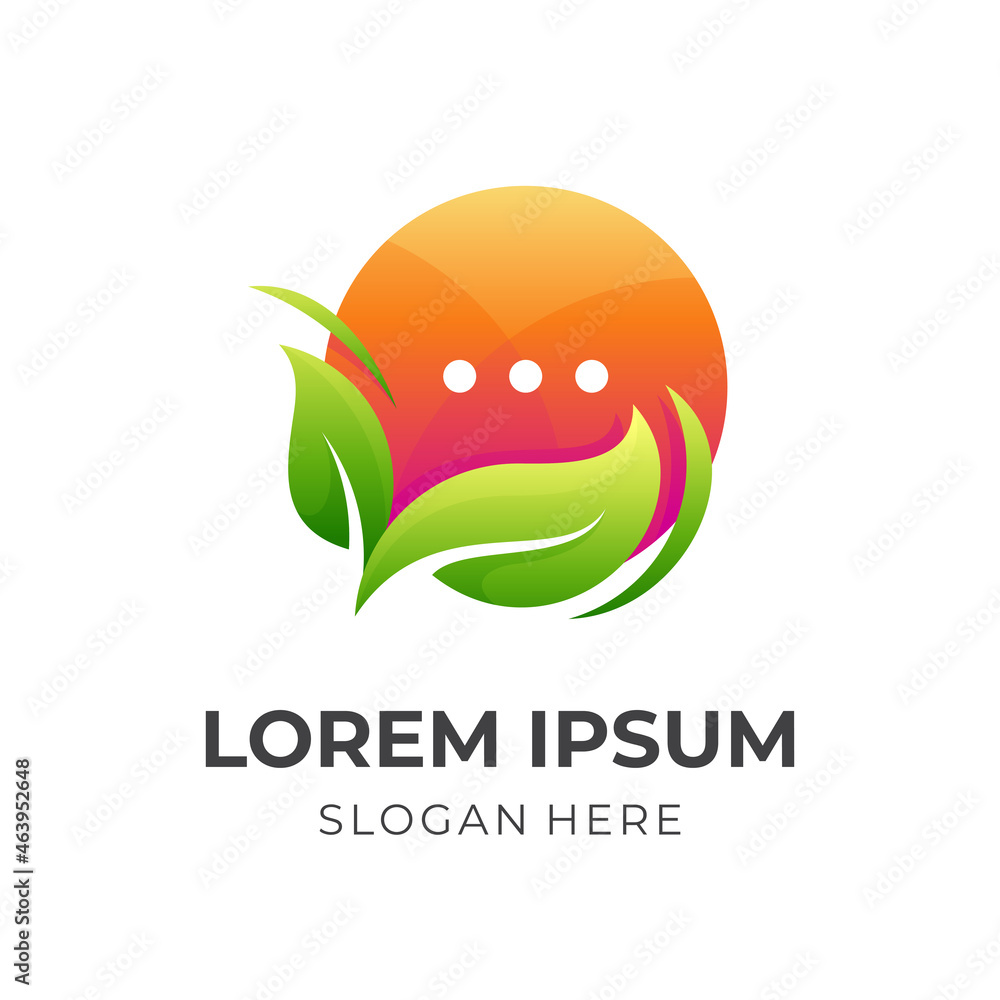 leaf chat logo design, leaf and chat, combination logo with 3d orange and green color style leaf chat logo design, leaf and chat, combination logo with 3d orange and green color style