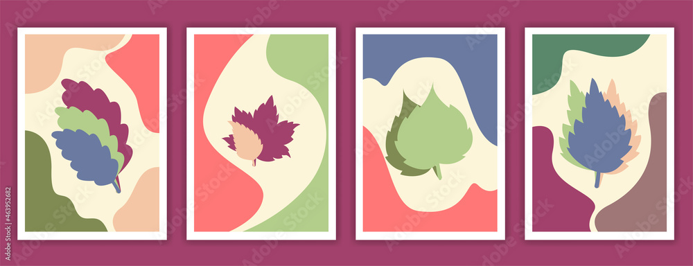 Set of creative minimalist hand drawn leaves  illustrations for wall decoration, postcard or brochure cover design. Hand draw vector design elements. 