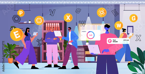 businesspeople using cryptocurrency mining app on laptops virtual money transfer application