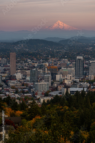 Autumn sunset over Mt Hood and Portland Oregon, Pacific Northwest United States